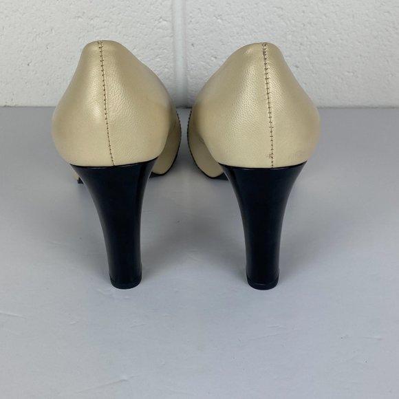 Franco Sarto Shoes Size 10 Ivory Black Bruna Leather Wing Tip Peep Toe Pump Heel - Picture 8 of 13